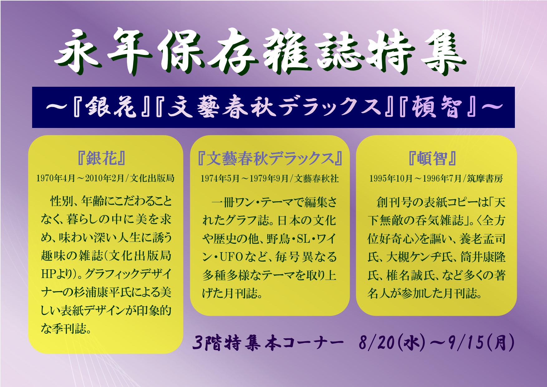 特集展示「永年保存雑誌特集 ～『銀花』『文藝春秋デラックス』『頓智』～」